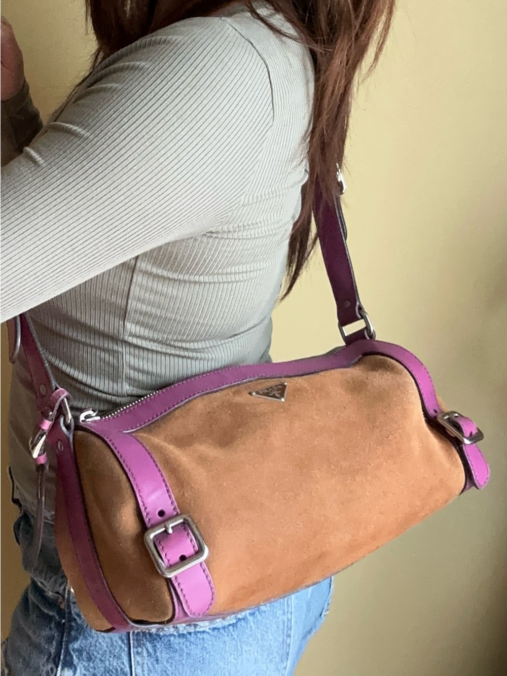 Prada Brown Suede Pink Leather Barrel Bag - Picture 3 of 17